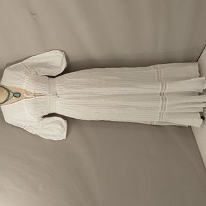 Romantic Sexy White Cotton Maxi Dress Free People Plunge Neckline Crochet Trim L